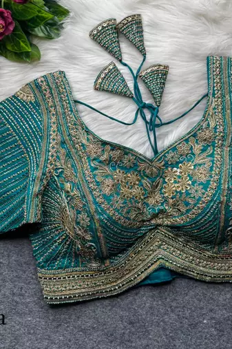 Teal green pure italian apple cut jari cording sequins work blouse