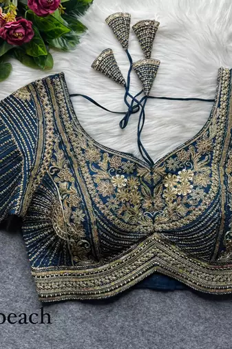 Teal blue pure italian apple cut jari cording sequins work blouse