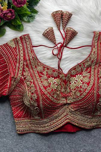 Red pure italian apple cut jari cording sequins work blouse