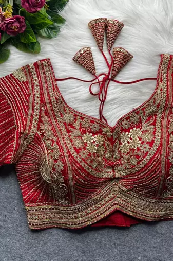 Red pure italian apple cut jari cording sequins work blouse