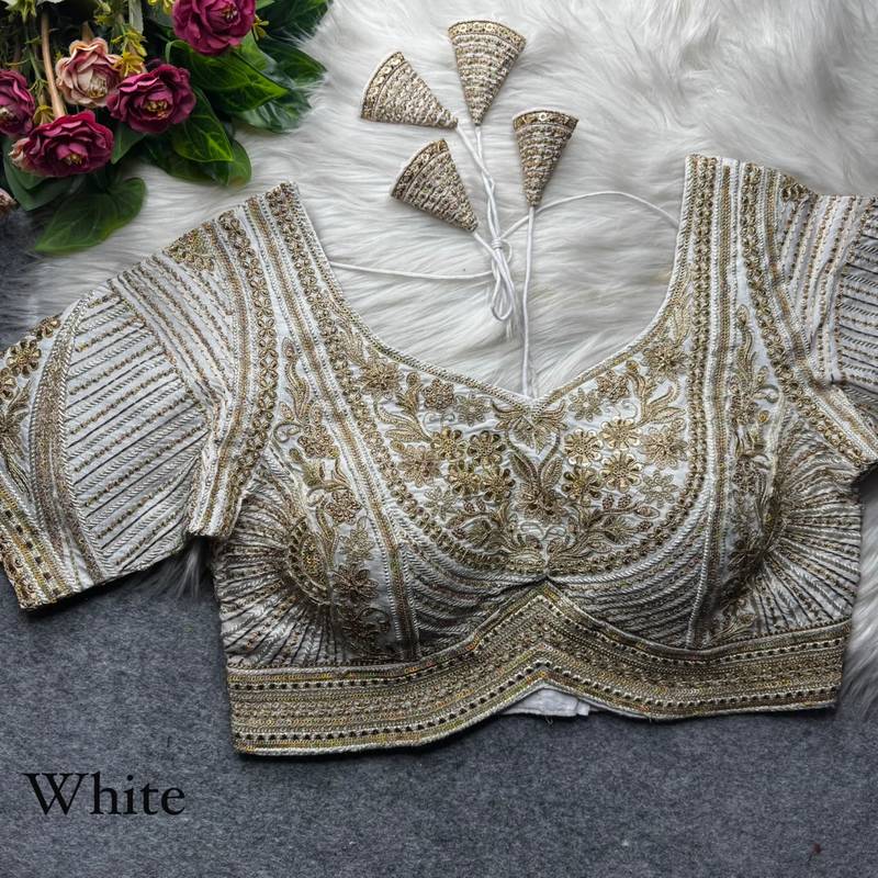 White pure italian apple cut jari cording sequins work blouse
