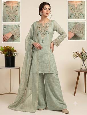 Pista green embroidered short kurti with palazzo & dupatta set for women 1