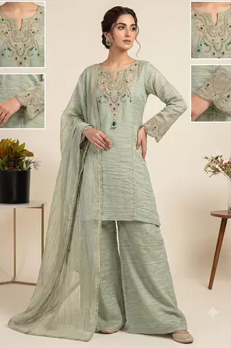 Pista green embroidered short kurti with palazzo & dupatta set for women