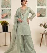 Pista green embroidered short kurti with palazzo & dupatta set for women