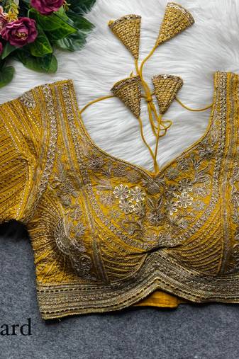 Mustard pure italian apple cut jari cording sequins work blouse