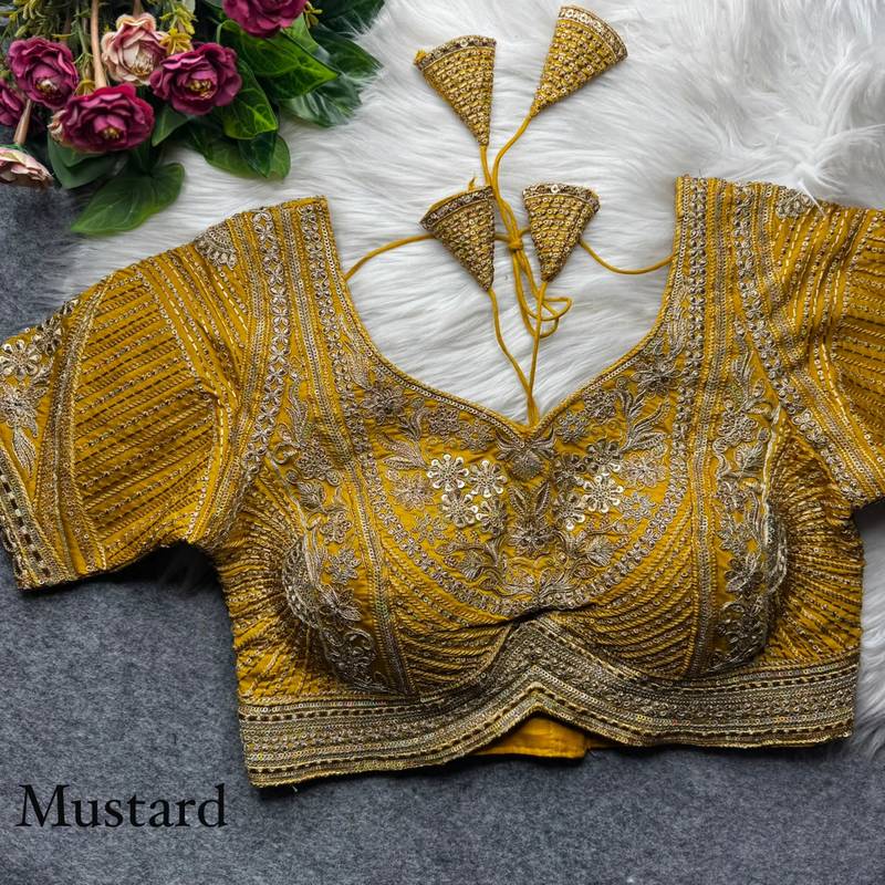 Mustard pure italian apple cut jari cording sequins work blouse