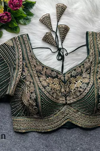 Green pure italian apple cut jari cording sequins work blouse