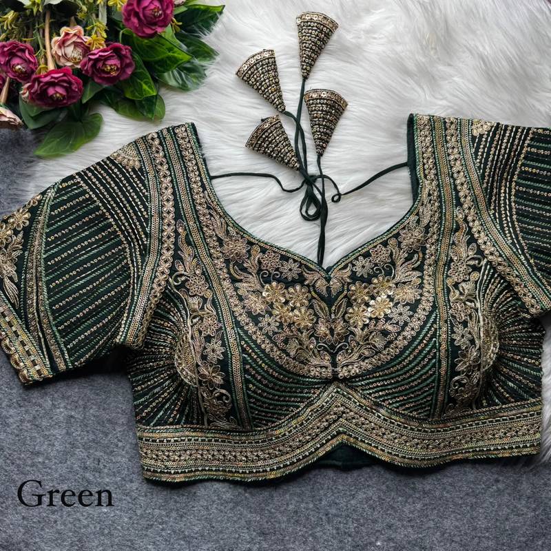 Green pure italian apple cut jari cording sequins work blouse