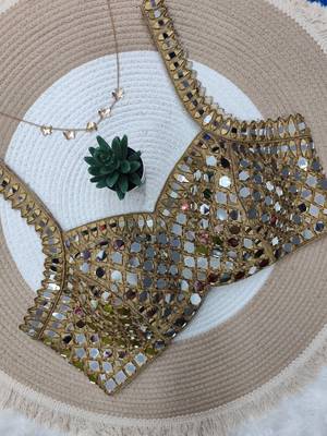 Gold cotton heavy mirror & thread work blouse 1
