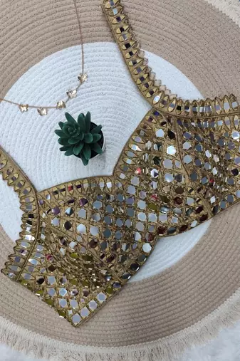 Gold cotton heavy mirror & thread work blouse