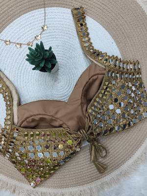 Gold cotton heavy mirror & thread work blouse 2