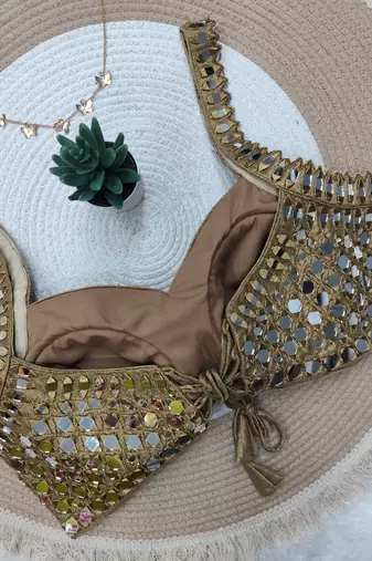 Gold cotton heavy mirror & thread work blouse