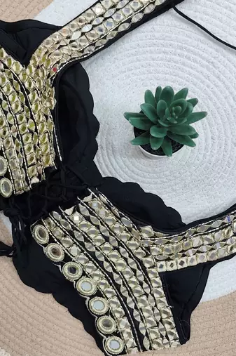 Black cotton heavy mirror & thread work blouse
