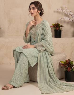 Pista green embroidered short kurti with palazzo & dupatta set for women 2