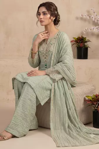 Pista green embroidered short kurti with palazzo & dupatta set for women