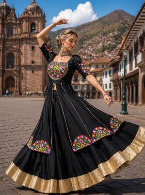 Black Cotton Navratri Lehenga Choli With Gota Patti & Gamthi Work  - free size 2