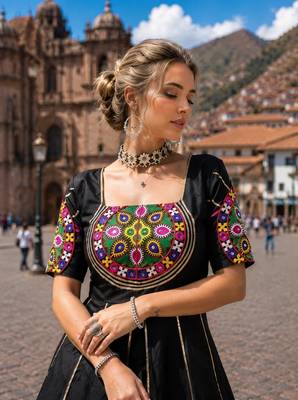 Black Cotton Navratri Lehenga Choli With Gota Patti & Gamthi Work  - free size 3