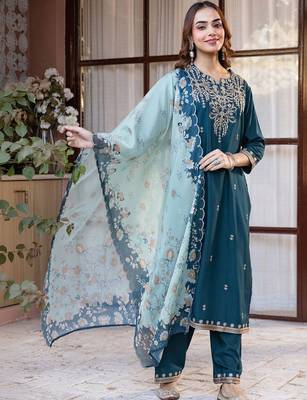 Women Ethnic Motifs Embroidered Regular Thread Work Kurta with Trousers & With Dupatta 1