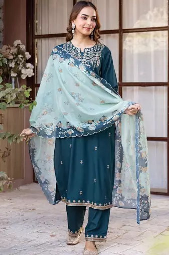 Women Ethnic Motifs Embroidered Regular Thread Work Kurta with Trousers & With Dupatta