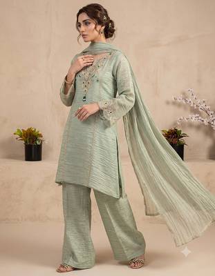 Pista green embroidered short kurti with palazzo & dupatta set for women 3