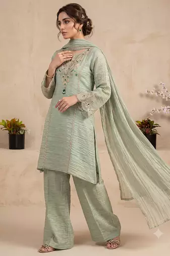 Pista green embroidered short kurti with palazzo & dupatta set for women