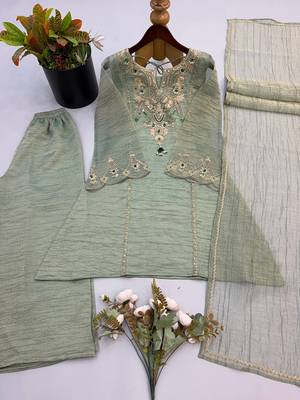 Pista green embroidered short kurti with palazzo & dupatta set for women 4