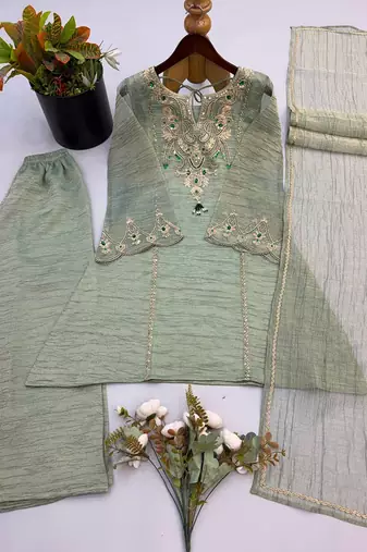 Pista green embroidered short kurti with palazzo & dupatta set for women