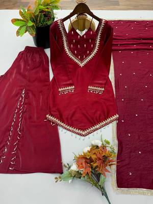Women maroon silk blend  kurti palazzo dupatta set 2