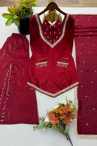 Women maroon silk blend  kurti palazzo dupatta set