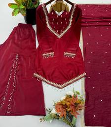 Women maroon silk blend  kurti palazzo dupatta set