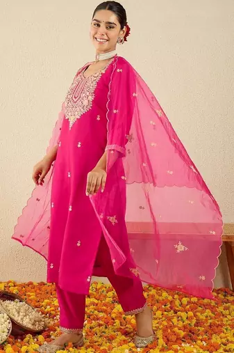 Women Ethnic Motifs Embroidered Regular Thread Work Kurta with Trousers & With Dupatta