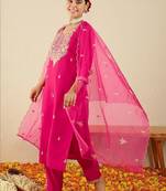 Women Ethnic Motifs Embroidered Regular Thread Work Kurta with Trousers & With Dupatta