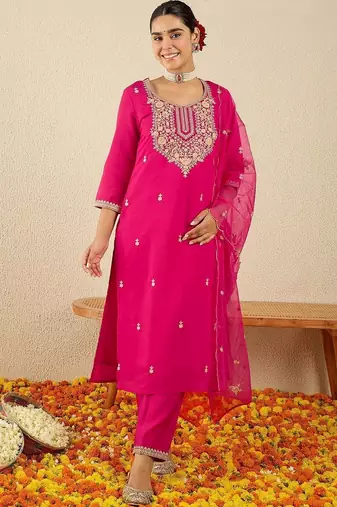 Women Ethnic Motifs Embroidered Regular Thread Work Kurta with Trousers & With Dupatta