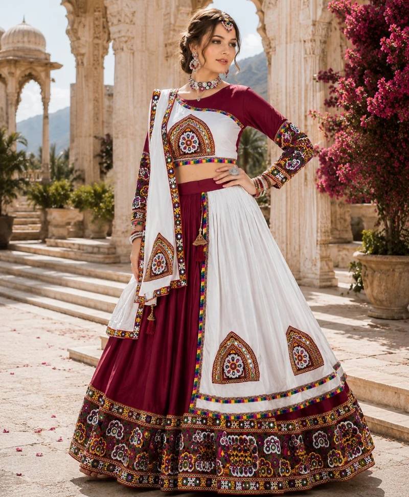 Maroon Color Kutch Work Lehenga With Kutch Work Blouse For Navratri - free size