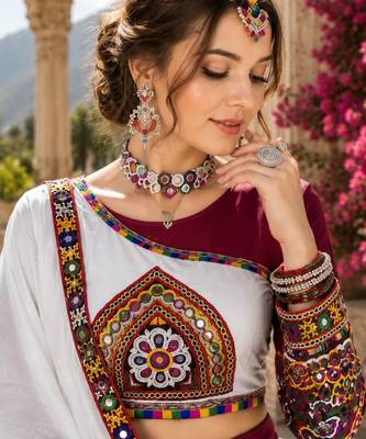 Maroon Color Kutch Work Lehenga With Kutch Work Blouse For Navratri - free size 4