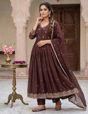 Deep brown pleated anarkali suit set with dupatta 1