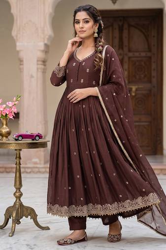 Deep brown pleated anarkali suit set with dupatta