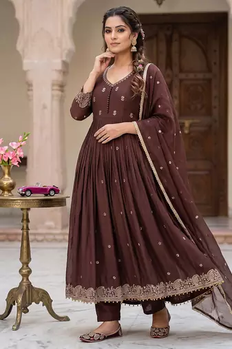 Deep brown pleated anarkali suit set with dupatta