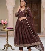Deep brown pleated anarkali suit set with dupatta