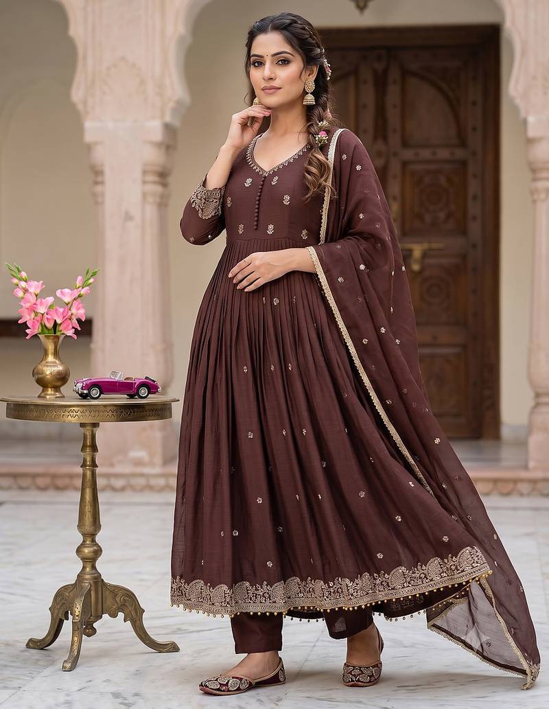 Deep brown pleated anarkali suit set with dupatta