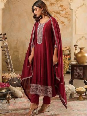 Women Ethnic Motifs Embroidered Regular Thread Work Kurta with Trousers & With Dupatta 1