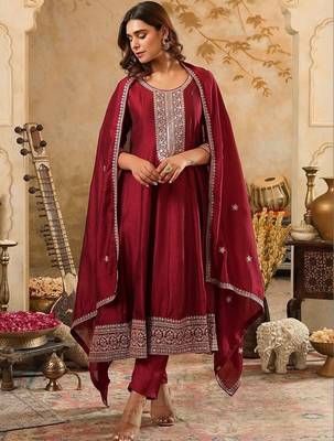 Women Ethnic Motifs Embroidered Regular Thread Work Kurta with Trousers & With Dupatta 4