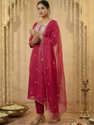 Women Ethnic Motifs Embroidered Regular Thread Work Kurta with Trousers & With Dupatta 1