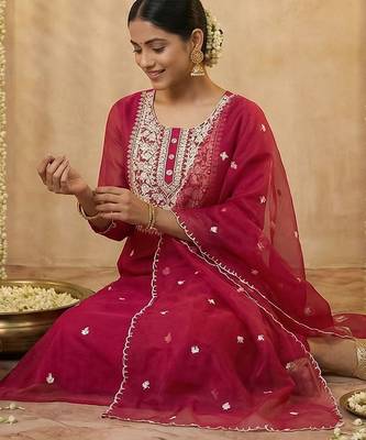 Women Ethnic Motifs Embroidered Regular Thread Work Kurta with Trousers & With Dupatta 5