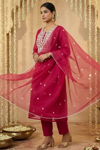 Women Ethnic Motifs Embroidered Regular Thread Work Kurta with Trousers & With Dupatta