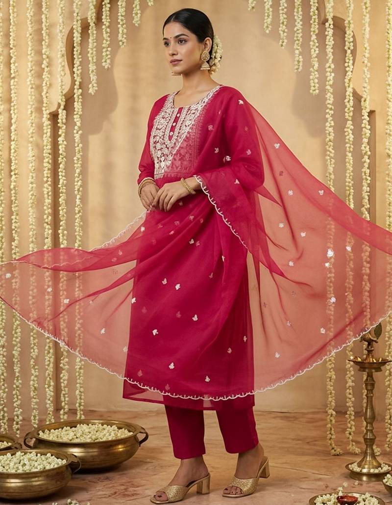 Women Ethnic Motifs Embroidered Regular Thread Work Kurta with Trousers & With Dupatta