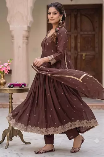Deep brown pleated anarkali suit set with dupatta