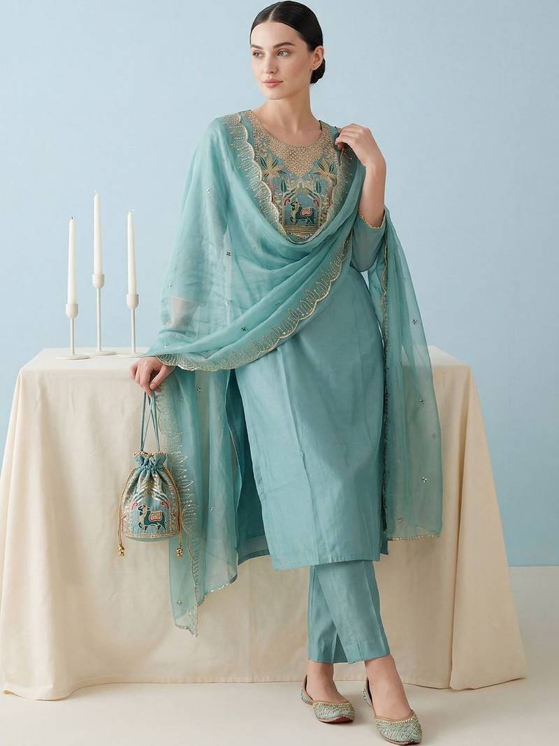 Women Ethnic Motifs Embroidered Regular Thread Work Kurta with Trousers & With Dupatta