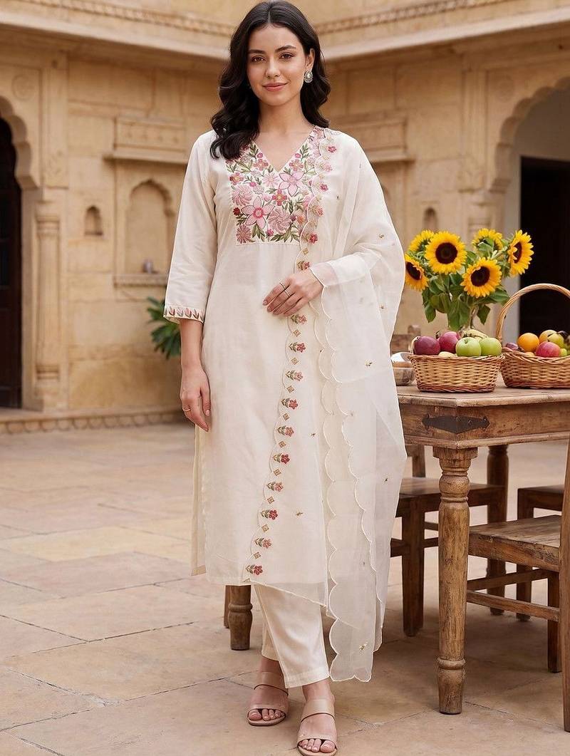 Women Floral Embroidered Regular Thread Work Kurta with Trousers & With Dupatta