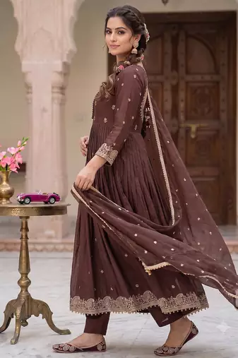 Deep brown pleated anarkali suit set with dupatta